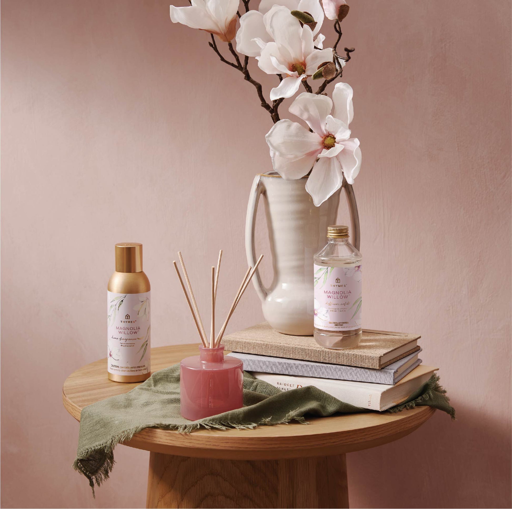 Thymes Magnolia Willow Petite Reed Diffuser in pink blown glass