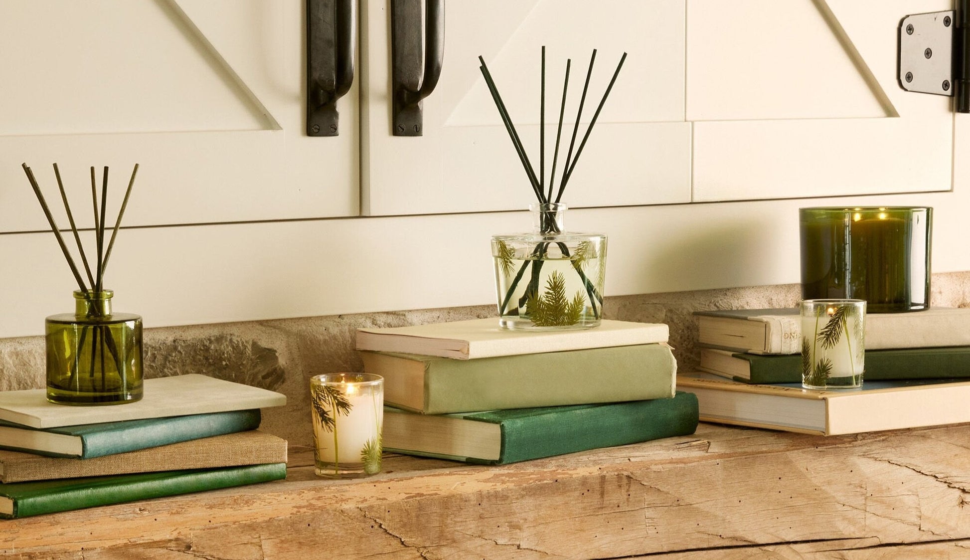 Thymes Frasier Fir Heritage Pine Needle Reed Diffuser on shelf