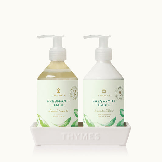 Thymes Fresh-cut Sink Set includes Hand Wash and Hand Lotion with Decorative Ceramic Sink Caddy